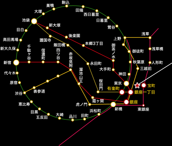 ホテルサンルート銀座への路線図